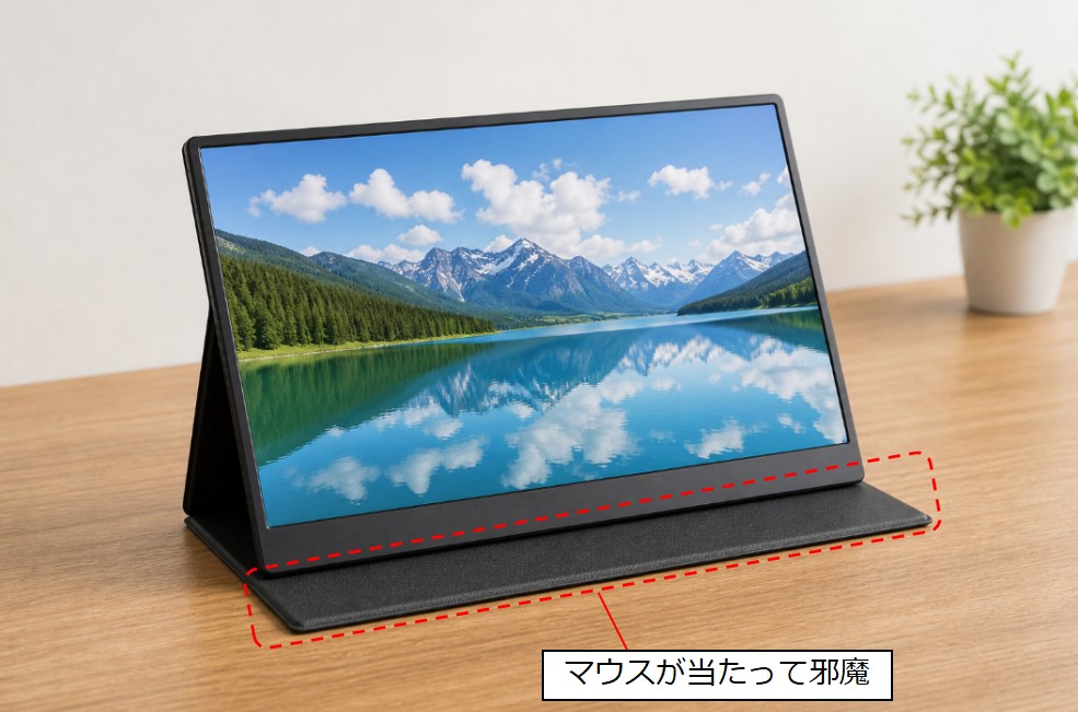 スタンドカバーがモニターの前面にはみ出すためマウスが当たって邪魔なイメージ
