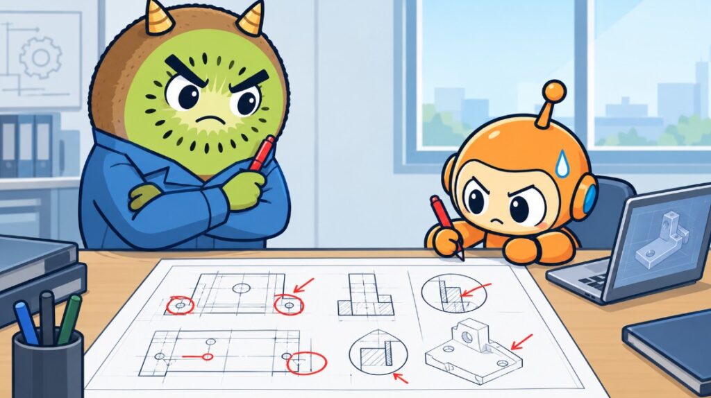次回予告:赤ペン先生のキウイ設計部長とAIクロコちゃんのイラスト